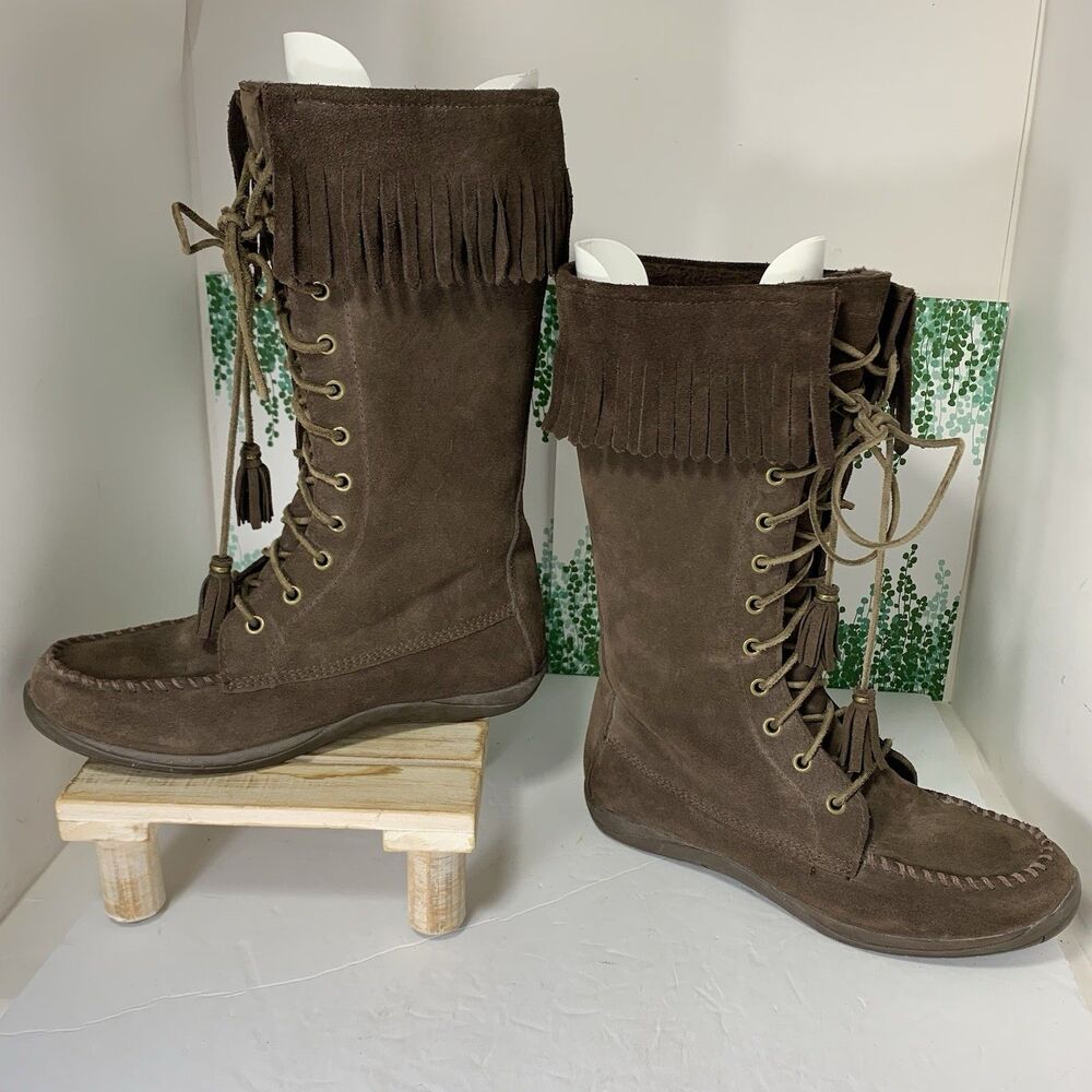 L.L. Bean Suede Fringed Fur Shearling Tall Moccasin Boots Size 9 Womens